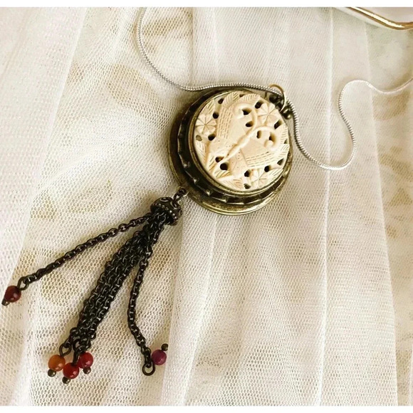 Antique Round Butterfly Brass Pendant Necklace with Sterling Silver chain 18" - Picture 2 of 7